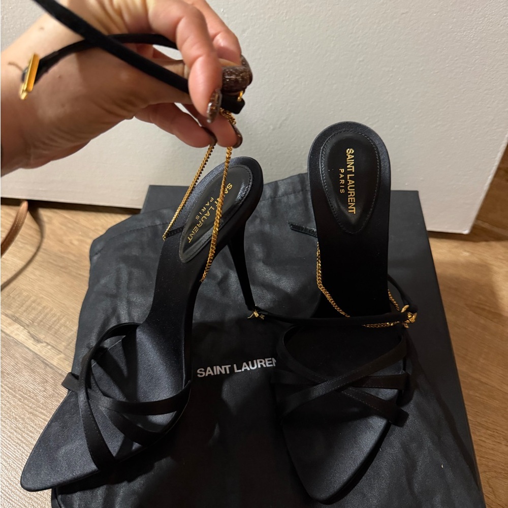 Saint Laurent Black and Gold Strappy Heels - Picture 2 of 6